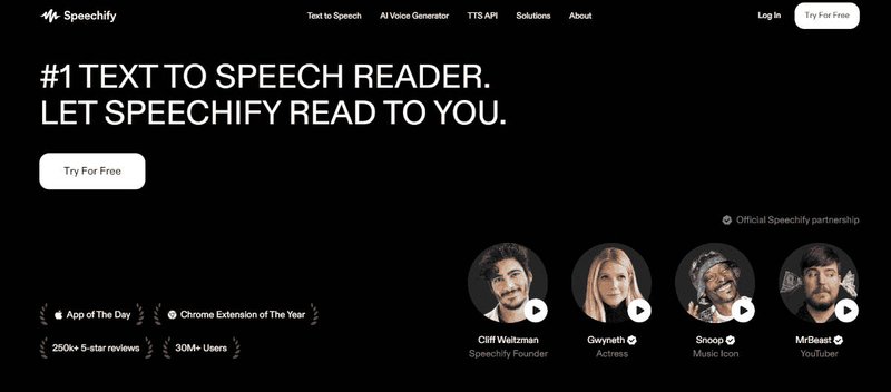 The Speechify homepage