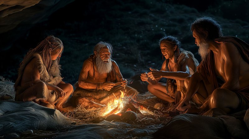 Ancient humans gathered around a fire, telling stories
