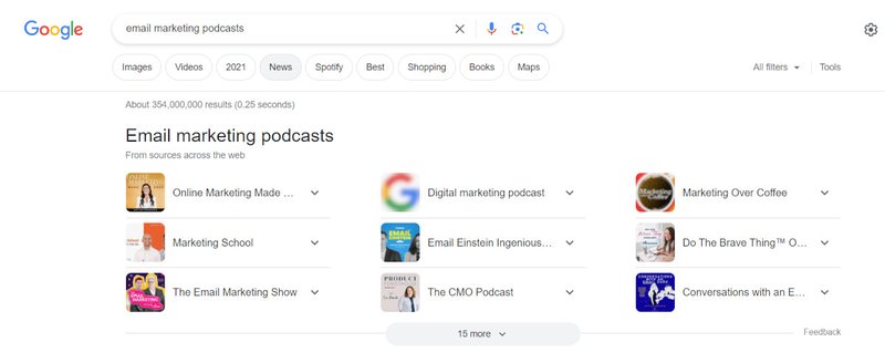 An image of a google result for “email marketing podcast"