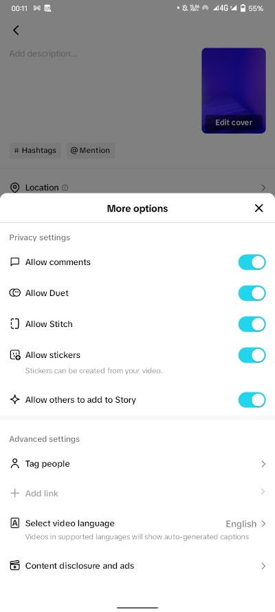 Select more TikTok video options before posting