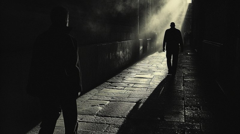 A suspenseful image of a man lurking in the shadows while another walks on unaware...