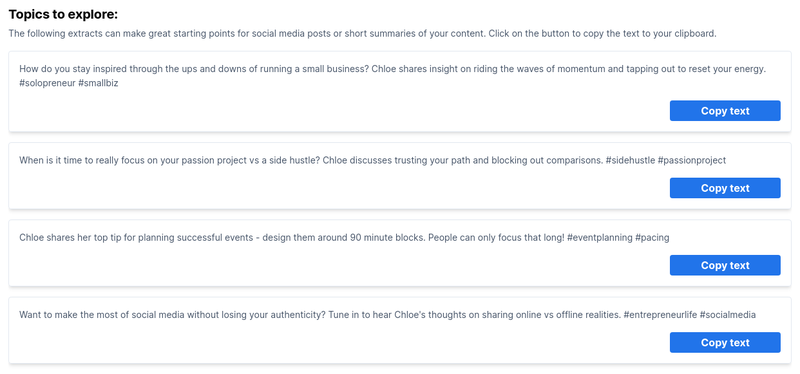 A screenshot showing potential topics that can be used in social media posts